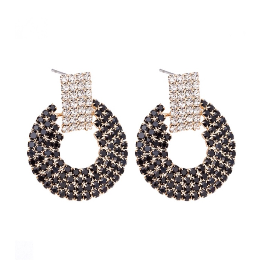 Black And Clear Crystal Round Statement Earrings 